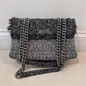 Kurt Geiger Tweed Shoulder Bag in Black and White with Silver Chain